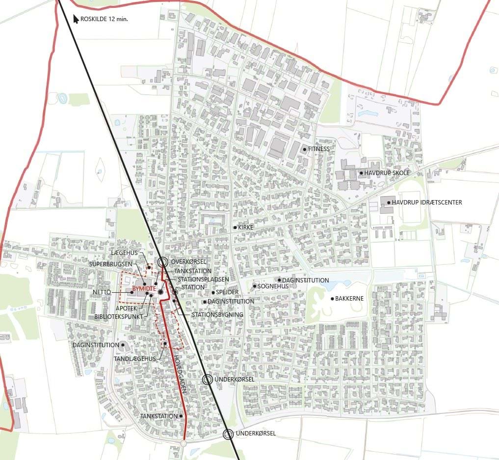figur med afgrænsning af den strategiske bymidte for byliv i Havdrup med omgivende funktioner.